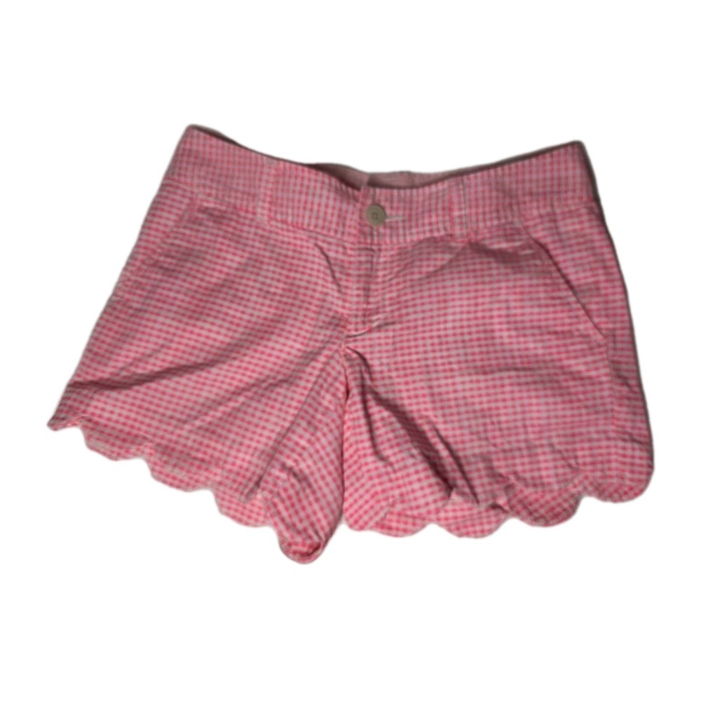 Lilly Pulitzer Buttercup Scallop Hem Shorts Pockets Pink Gingham Preppy Beach